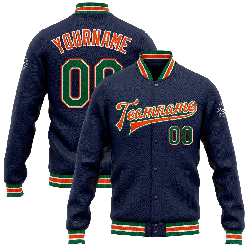 Unisex Casual Fashion Trends Popular Collection Custom Navy Kelly Green-Orange Bomber Full-Snap Varsity Letterman Jacket