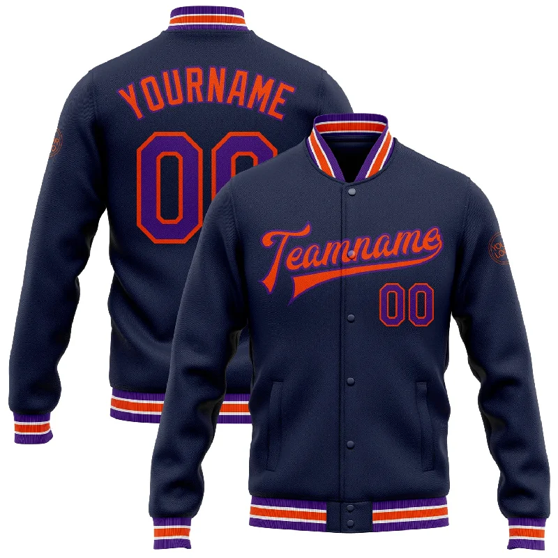 Chic And Casual Unisex Fashion Trends Feminine Luxe Style Sale Custom Navy Purple-Orange Bomber Full-Snap Varsity Letterman Jacket