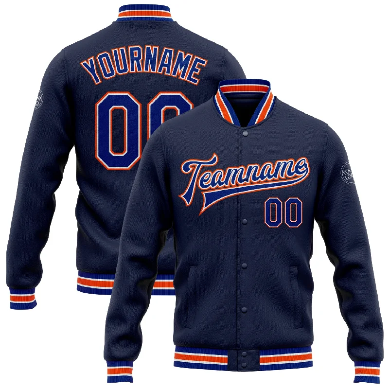 Minimalist Unisex Fashion Essentials Limited Stock Custom Navy Royal-Orange Bomber Full-Snap Varsity Letterman Jacket