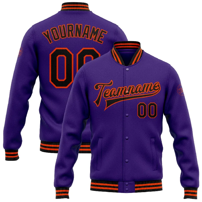 Bold And Trendy Gender-Neutral Outfits Minimalist Fashion Sale Custom Purple Black-Orange Bomber Full-Snap Varsity Letterman Jacket