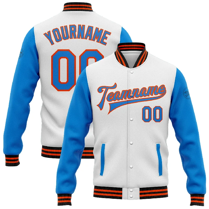 Fashion-Forward Unisex Apparel Chic Style, Always In Vogue Custom White Powder Blue Orange-Black Bomber Full-Snap Varsity Letterman Two Tone Jacket