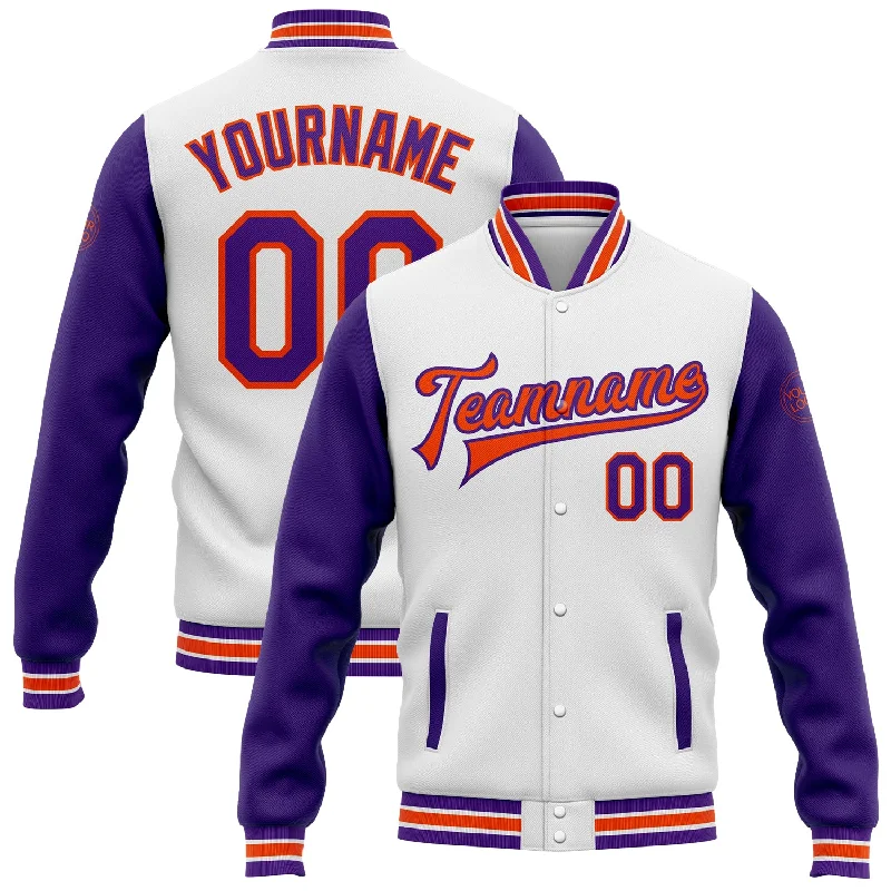 Oversized And Relaxed Unisex Fashion Forward Trendsetter Custom White Purple-Orange Bomber Full-Snap Varsity Letterman Two Tone Jacket