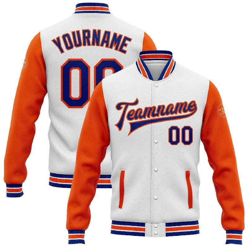 Fashion-Forward Gender-Neutral Outfit Ideas Fashion Sale Custom White Royal-Orange Bomber Full-Snap Varsity Letterman Two Tone Jacket