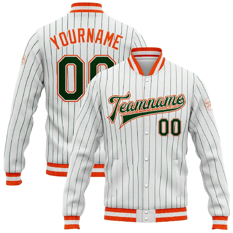 Gender-Neutral Fashion For Everyday Style Best Deals Of The Season Custom White Green Pinstripe Orange Bomber Full-Snap Varsity Letterman Jacket