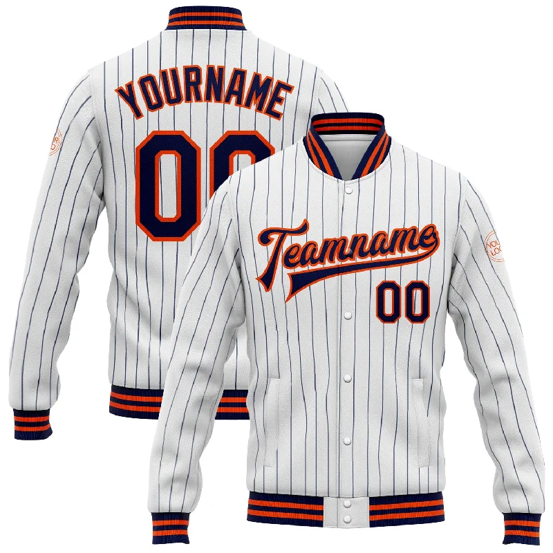 Fashion-Forward Gender-Neutral Outerwear Chic Style Discounts Custom White Navy Pinstripe Orange Bomber Full-Snap Varsity Letterman Jacket