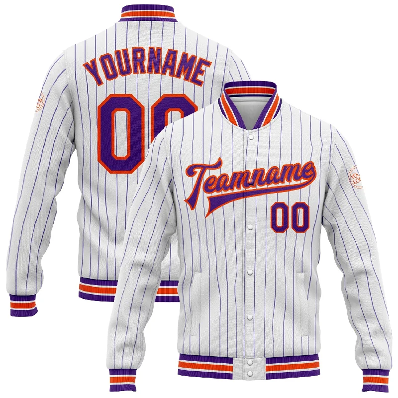 Sleek And Contemporary Gender-Free Outfits Limited Stock, Big Discounts Custom White Purple Pinstripe Orange Bomber Full-Snap Varsity Letterman Jacket