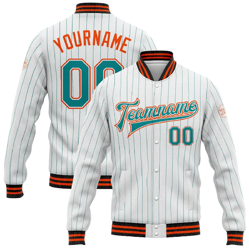 Oversized Unisex Fashion Pieces Embrace New Fashion Custom White Teal Pinstripe Orange-Black Bomber Full-Snap Varsity Letterman Jacket