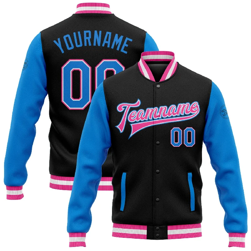 Casual Yet Sophisticated Unisex Fashion Fashionista Sale Custom Black Powder Blue-Pink Bomber Full-Snap Varsity Letterman Two Tone Jacket