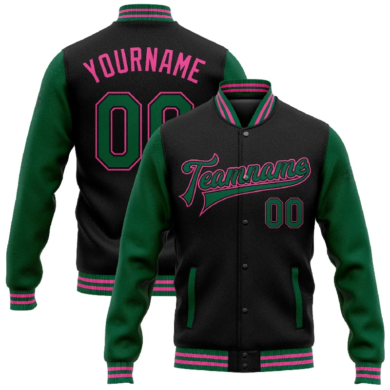 Comfortable Unisex Streetwear Feminine Style Promotions Custom Black Kelly Green-Pink Bomber Full-Snap Varsity Letterman Two Tone Jacket