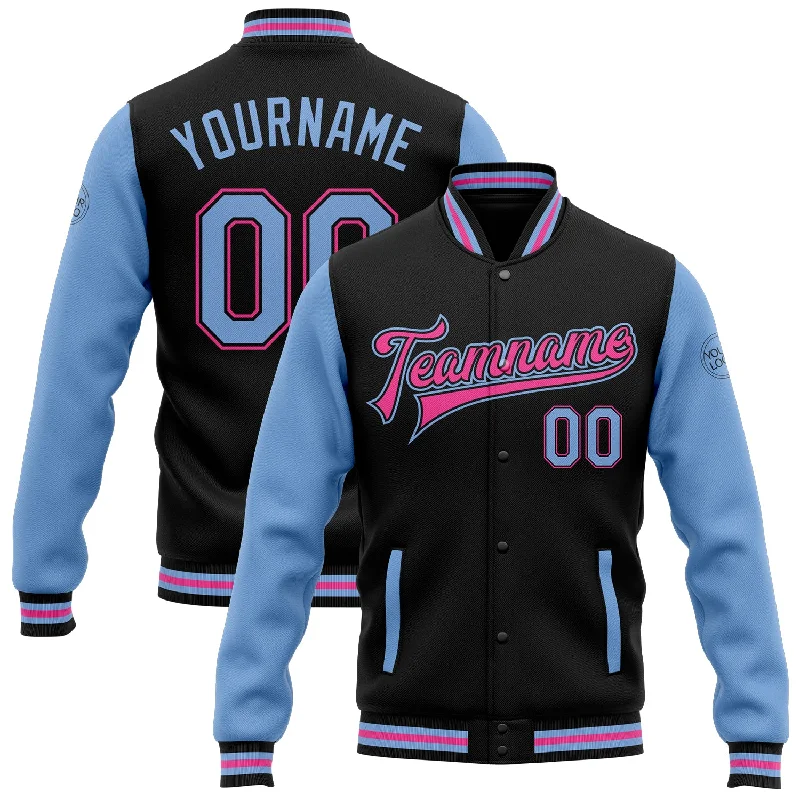 Trendy Unisex Streetwear Fashion Casual Yet Chic Sales Custom Black Light Blue-Pink Bomber Full-Snap Varsity Letterman Two Tone Jacket