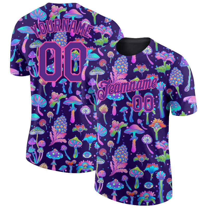 Soft And Breathable Unisex Loungewear Budget-Friendly Fashion Custom Black Purple-Pink 3D Pattern Design Colorful Flowers And Mushrooms Psychedelic Hallucination Performance T-Shirt