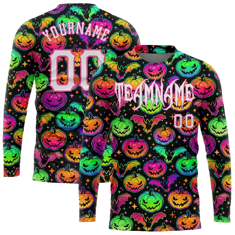 Versatile Unisex Layering Pieces Laid-Back Fashion Offers Custom 3D Pattern Bright Multicolored Halloween Pumpkins And Bats Long Sleeve Performance T-Shirt