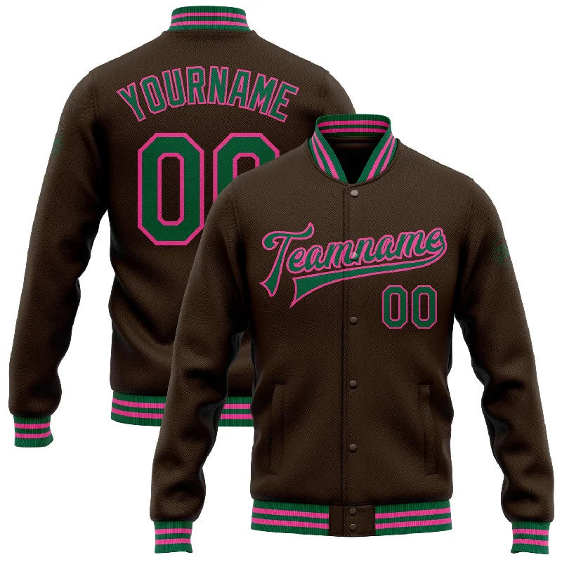 Sustainable And Ethical Unisex Clothing Catch Every Fashion Trend Custom Brown Kelly Green-Pink Bomber Full-Snap Varsity Letterman Jacket