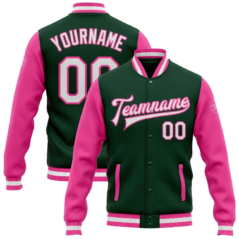 Casual And Trendy Unisex Fashion Staples Comfortable Chic Custom Green White-Pink Bomber Full-Snap Varsity Letterman Two Tone Jacket