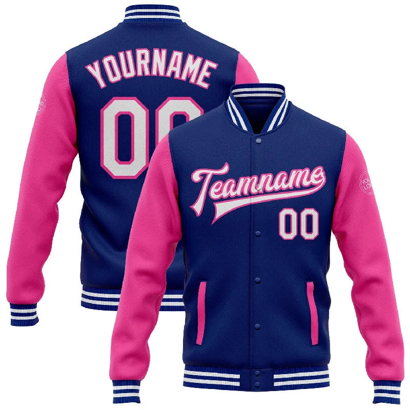 Comfortable And Stylish Unisex Outfits Clearance Sale, All Cheap Custom Royal White-Pink Bomber Full-Snap Varsity Letterman Two Tone Jacket