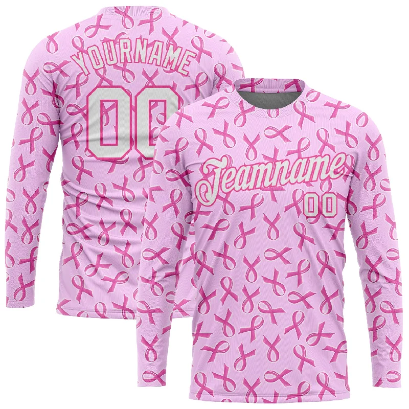 Contemporary Gender-Free Clothing Styles Comfortable Chic Custom Pink White Breast Cancer 3D Pattern Long Sleeve Performance T-Shirt