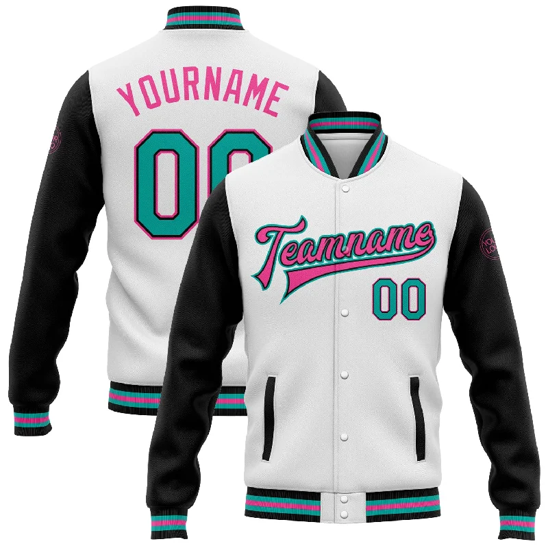 Soft And Breathable Unisex Loungewear Trendy Street Style Custom White Aqua-Pink Bomber Full-Snap Varsity Letterman Two Tone Jacket