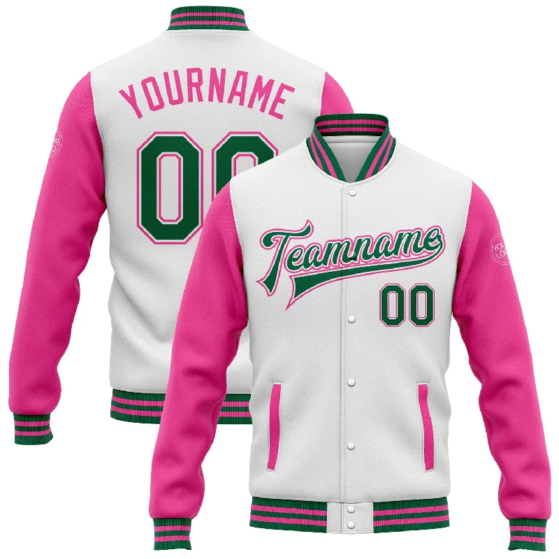 Modern Unisex Streetwear Outfits Trendy Styles Custom White Kelly Green-Pink Bomber Full-Snap Varsity Letterman Two Tone Jacket