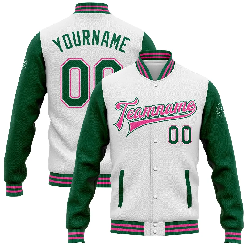 Relaxed-Fit Unisex Clothing Options Trend Leading Collection Custom White Kelly Green-Pink Bomber Full-Snap Varsity Letterman Two Tone Jacket