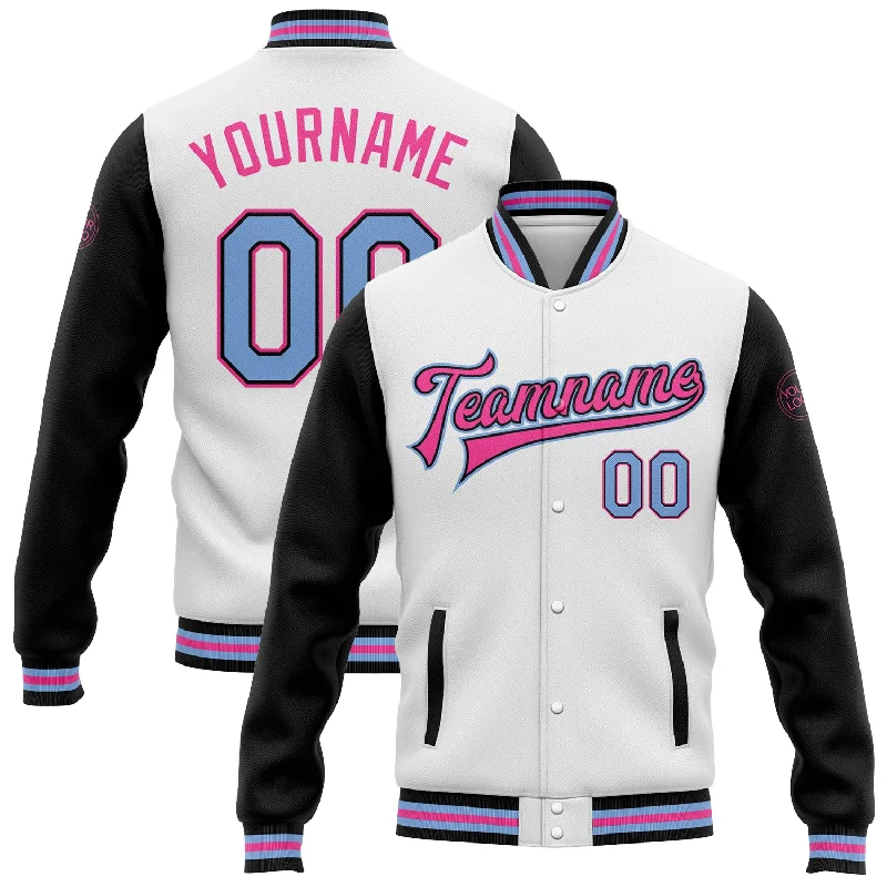 Gender-Neutral Fashion For Everyday Style Elegant Fashion Offers Custom White Light Blue-Pink Bomber Full-Snap Varsity Letterman Two Tone Jacket