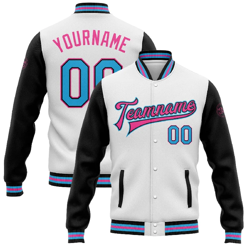 Sleek And Stylish Unisex Outerwear Fashion Sale Custom White Sky Blue-Pink Bomber Full-Snap Varsity Letterman Two Tone Jacket