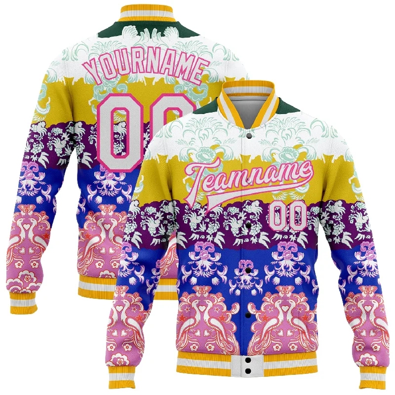 Urban-Inspired Unisex Fashion Pieces Valentine's Special Custom White Pink-Gold Heron 3D Pattern Design Bomber Full-Snap Varsity Letterman Jacket