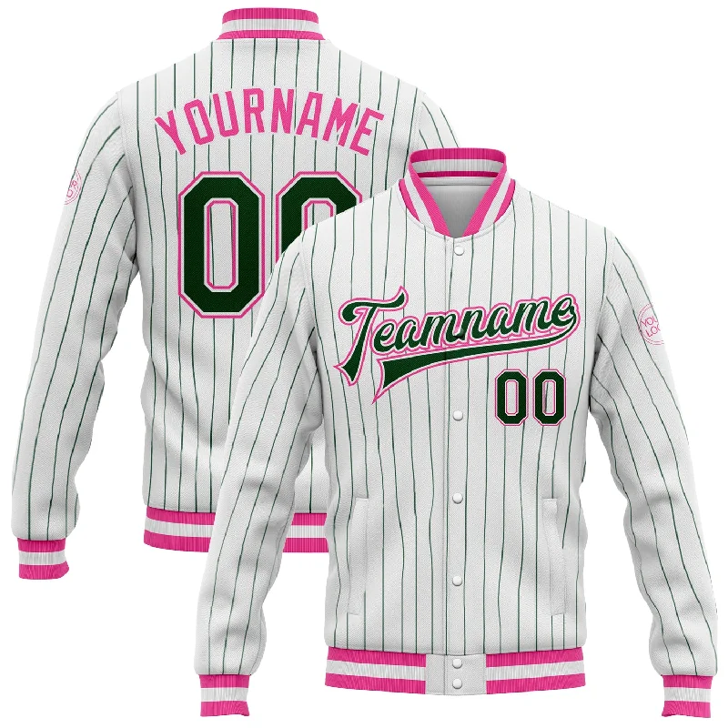 Oversized Unisex Apparel For Effortless Style Hot Deals Custom White Green Pinstripe Pink Bomber Full-Snap Varsity Letterman Jacket