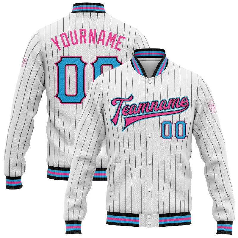 All-Season Unisex Clothing Collection Vintage-Inspired Style Offers Custom White Black Pinstripe Sky Blue-Pink Bomber Full-Snap Varsity Letterman Jacket