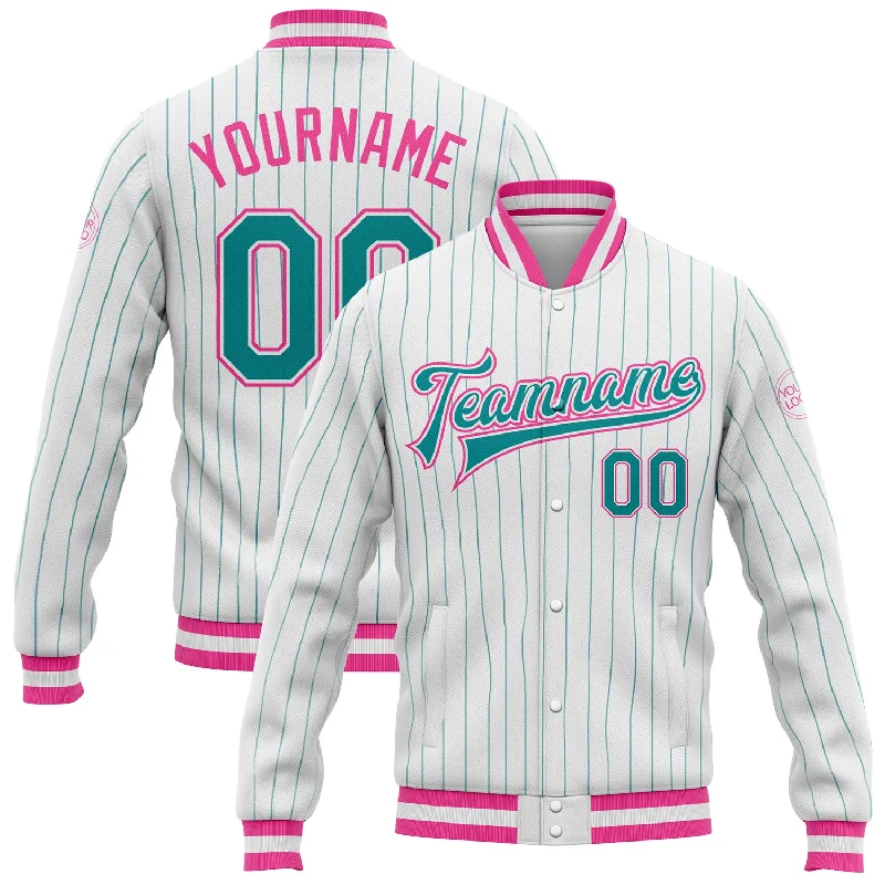 Urban Unisex Fashion Outfits Trendy Pulse Custom White Teal Pinstripe Pink Bomber Full-Snap Varsity Letterman Jacket