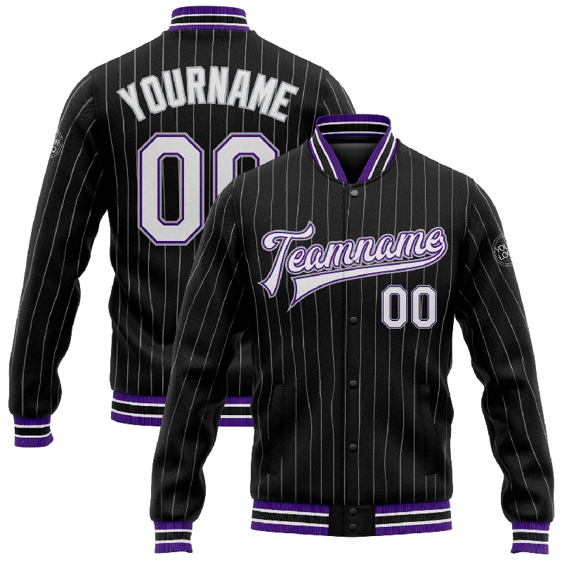 High-Quality Unisex Basics For Everyday Wear Chic And Trendy Custom Black Gray Pinstripe White-Purple Bomber Full-Snap Varsity Letterman Jacket