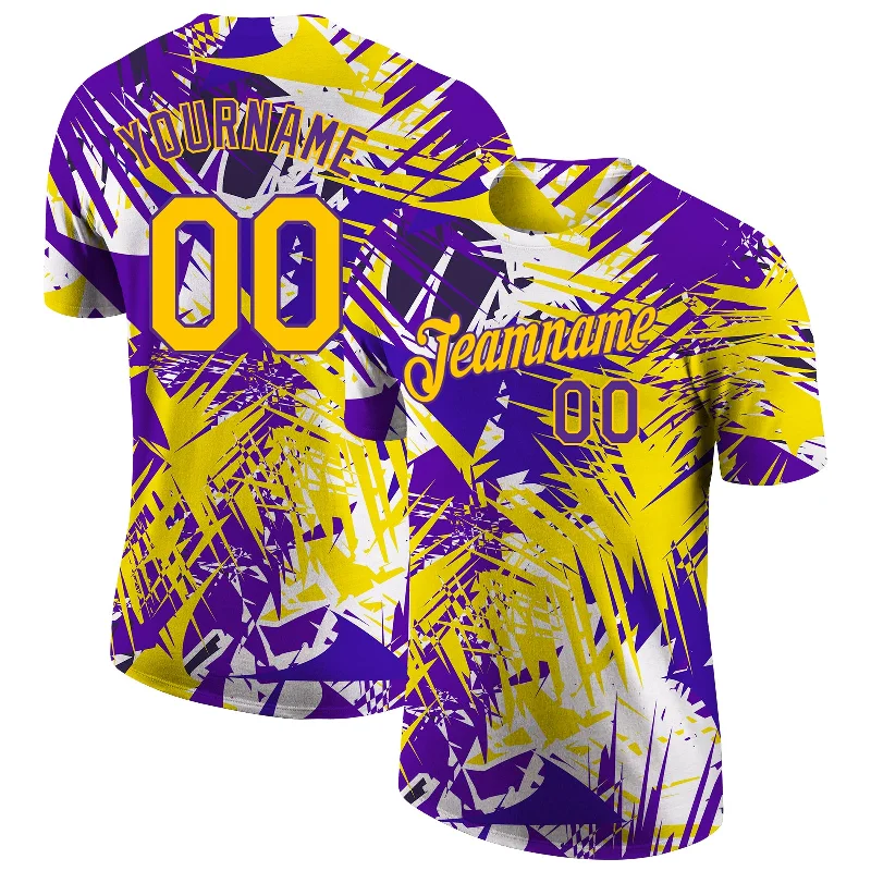 Contemporary Gender-Free Clothing Styles Fashion Forward Custom Graffiti Pattern Gold-Purple 3D Performance T-Shirt