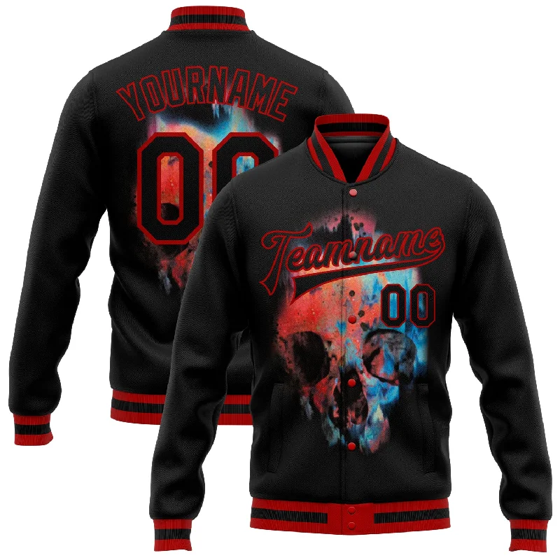 Soft And Breathable Unisex Loungewear Exclusive Discounts Custom Black Red Skull Fashion 3D Bomber Full-Snap Varsity Letterman Jacket