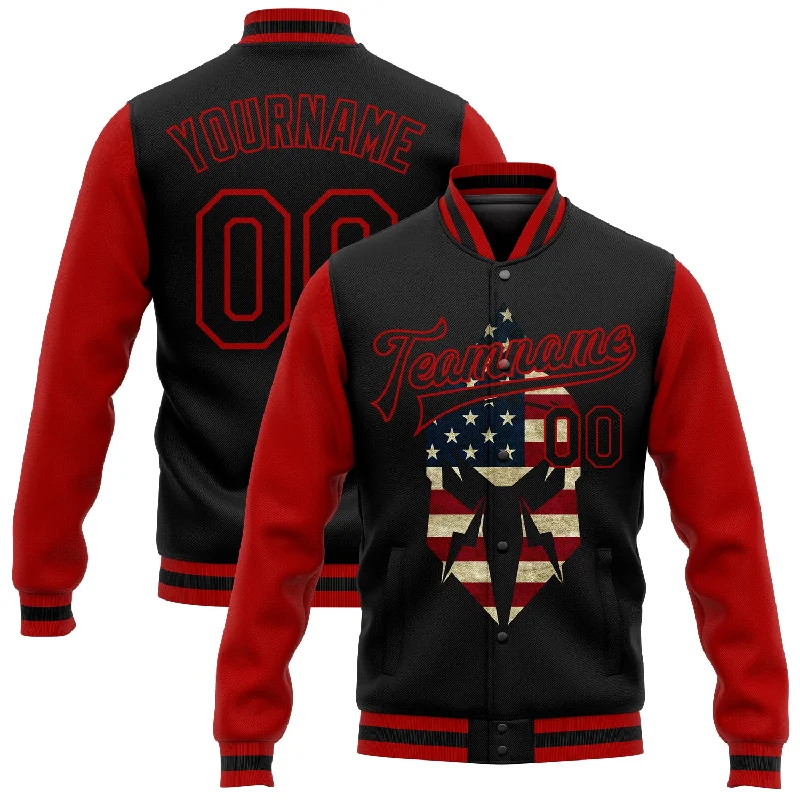 All-Season Unisex Clothing Collection Holiday Attire Sale Custom Black Red Spartan Logo With Vintage USA Flag 3D Pattern Design Bomber Full-Snap Varsity Letterman Two Tone Jacket