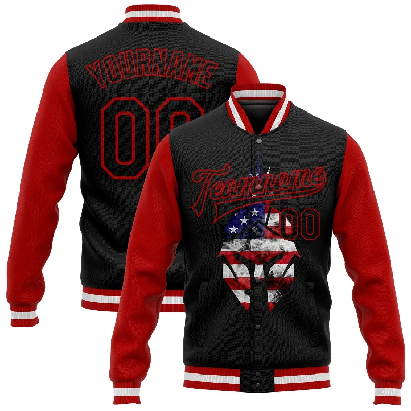 Everyday Wear For Men And Women Discount Extravaganza Custom Black Red Spartan Logo With USA Flag 3D Pattern Design Bomber Full-Snap Varsity Letterman Two Tone Jacket