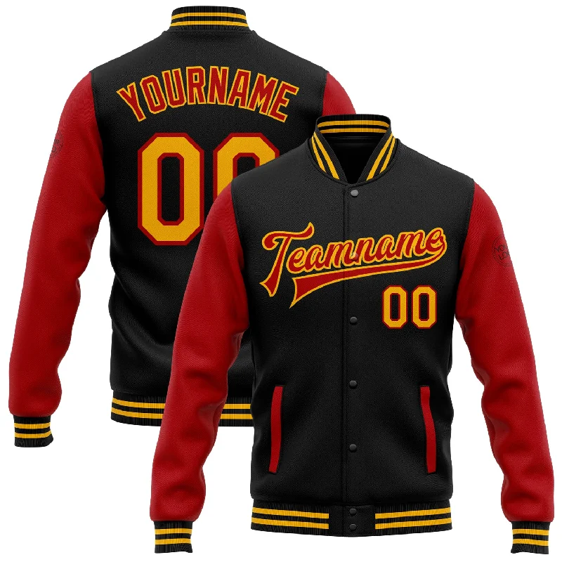 Comfortable Gender-Free Fashion Choices Budget Friendly Custom Black Gold-Red Bomber Full-Snap Varsity Letterman Two Tone Jacket