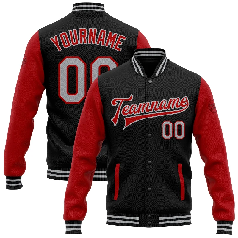 High-Quality Unisex Basics For Everyday Wear Limited Time Custom Black Gray-Red Bomber Full-Snap Varsity Letterman Two Tone Jacket