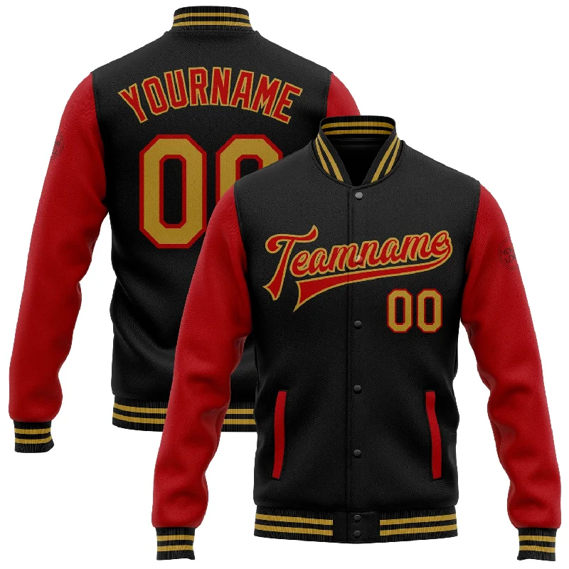 Unisex Everyday Fashion Essentials Ends Soon Custom Black Old Gold-Red Bomber Full-Snap Varsity Letterman Two Tone Jacket