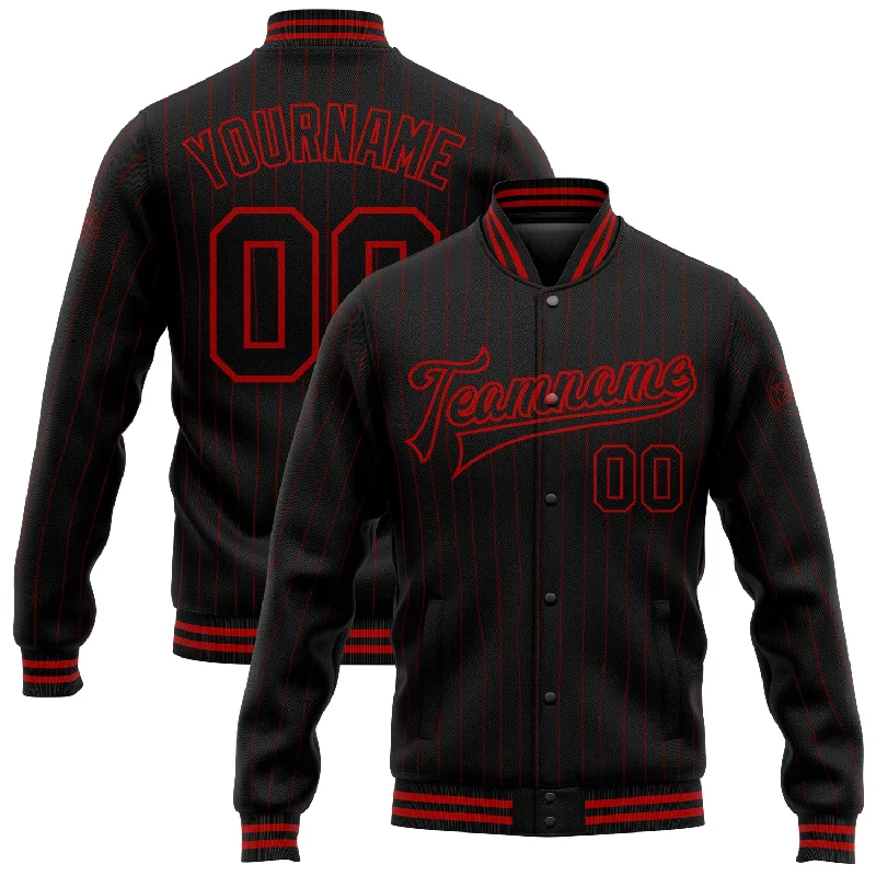 Breathable And Lightweight Unisex Wear Elegant Style Custom Black Red Pinstripe Red Bomber Full-Snap Varsity Letterman Jacket