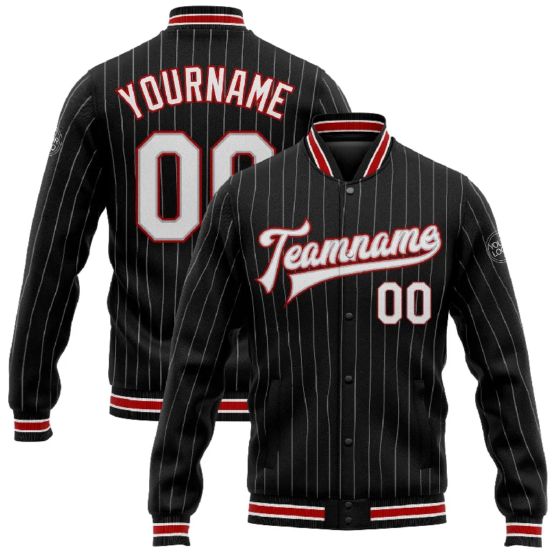 Functional And Stylish Unisex Outerwear Seasonal Clearance Custom Black Gray Pinstripe White-Red Bomber Full-Snap Varsity Letterman Jacket