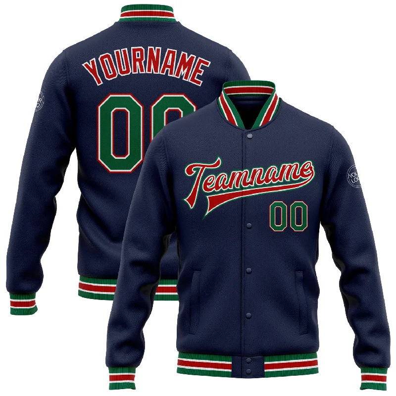 Gender-Neutral Clothing Styles New In This Season Custom Navy Kelly Green-Red Bomber Full-Snap Varsity Letterman Jacket