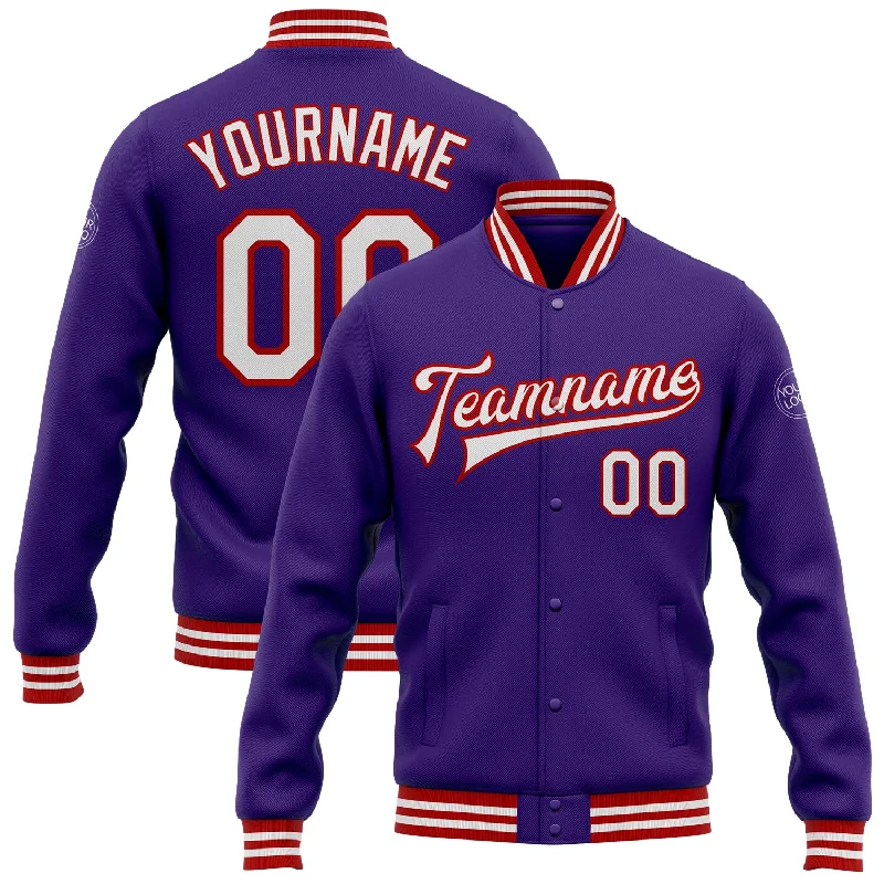 Chic And Contemporary Unisex Clothing Choices Save Big Custom Purple White-Red Bomber Full-Snap Varsity Letterman Jacket