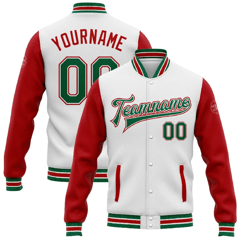 Everyday Wear For Men And Women Evening Elegance Custom White Kelly Green-Red Bomber Full-Snap Varsity Letterman Two Tone Jacket