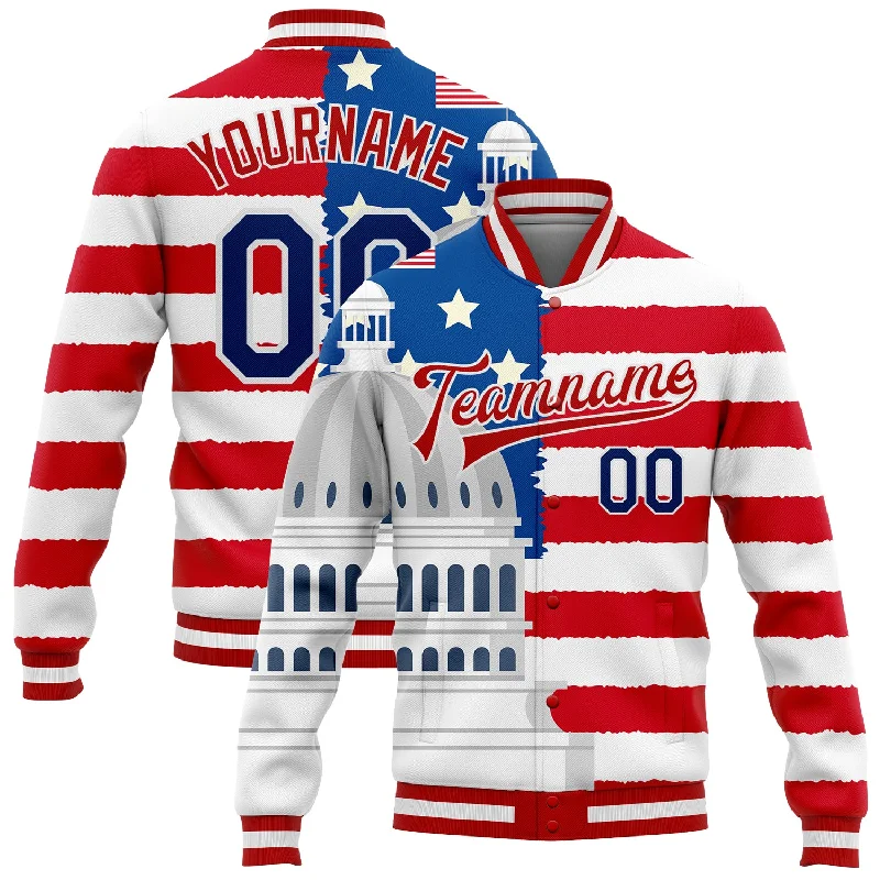 Functional And Stylish Unisex Wear Vintage-Modern Style Offers Custom White US Navy Blue Red-Royal American Flag Fashion United States Congress Building 3D Pattern Design Bomber Full-Snap Varsity Letterman Jacket