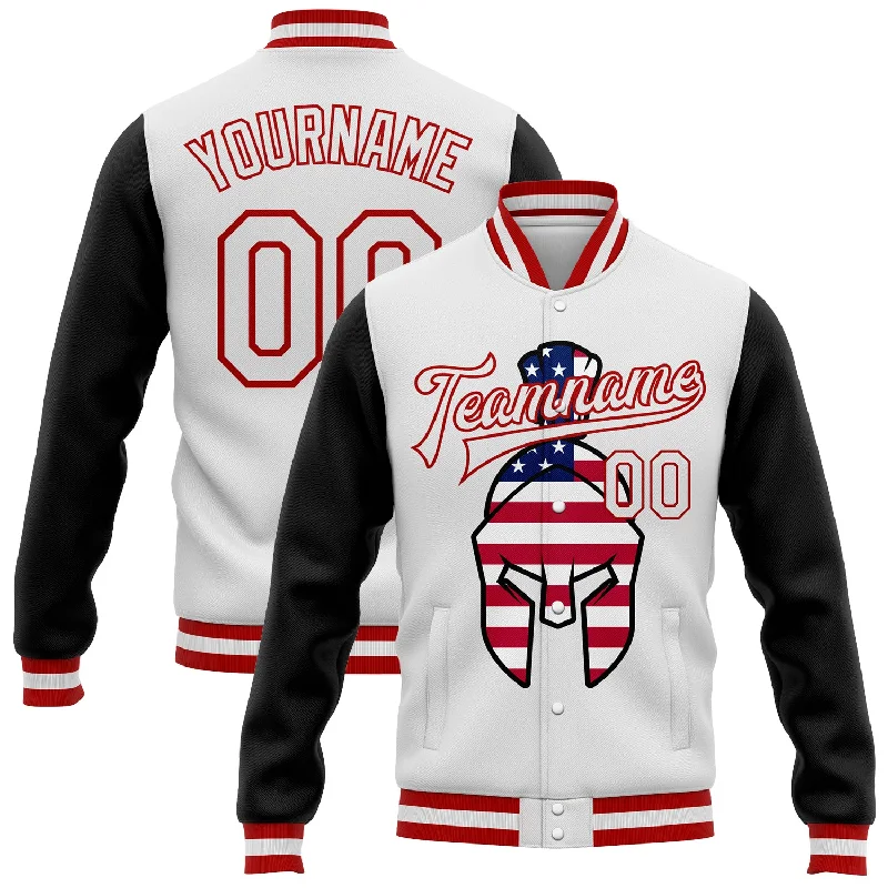 Unisex Casual Fashion Trends Find Your Unique Flair Custom White Red-Black Spartan Logo With USA Flag 3D Pattern Design Bomber Full-Snap Varsity Letterman Two Tone Jacket