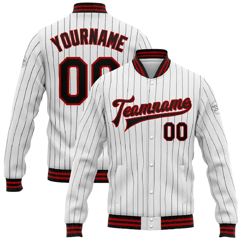 Modern Unisex Clothing For Any Occasion Everyday Elegance Sale Custom White Black Pinstripe Red Bomber Full-Snap Varsity Letterman Jacket