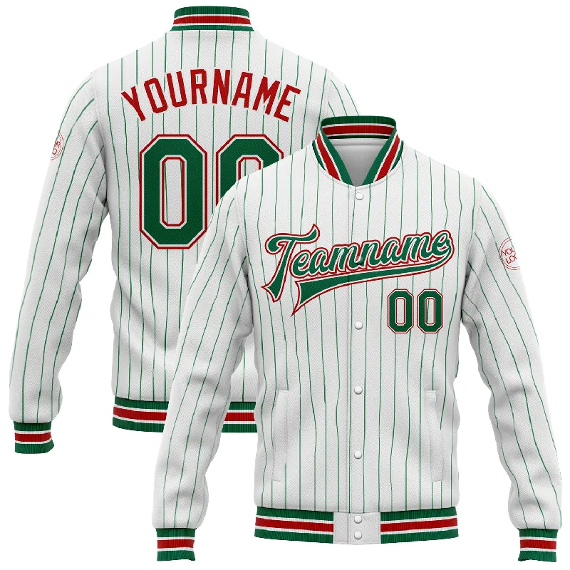 Trendy Unisex Streetwear Fashion Unleash Your Trend Driven Style Custom White Kelly Green Pinstripe Red Bomber Full-Snap Varsity Letterman Jacket