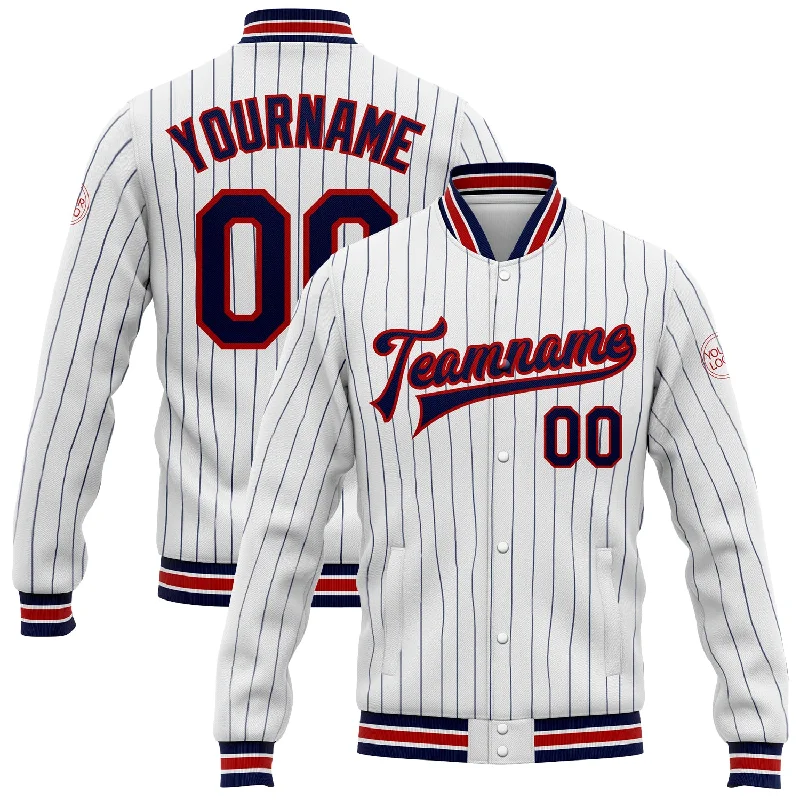 High-Quality Unisex Basics For Everyday Wear Premium Fashion Custom White Navy Pinstripe Red Bomber Full-Snap Varsity Letterman Jacket