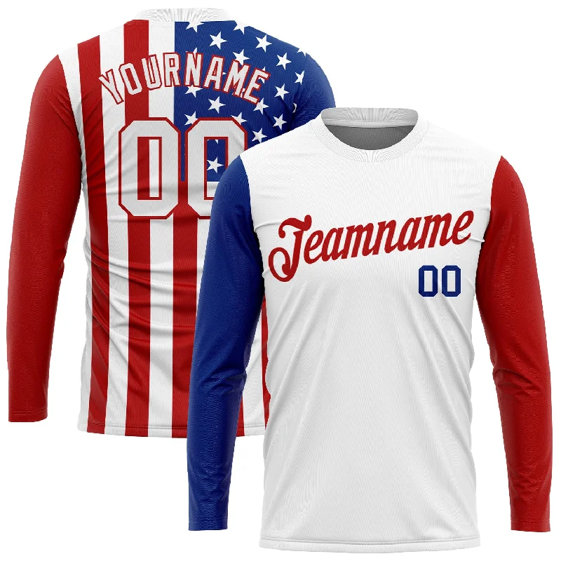 Chic And Contemporary Unisex Clothing Choices Exclusive Discount Custom White White Red-Royal American Flag Fashion 3D Long Sleeve Performance T-Shirt