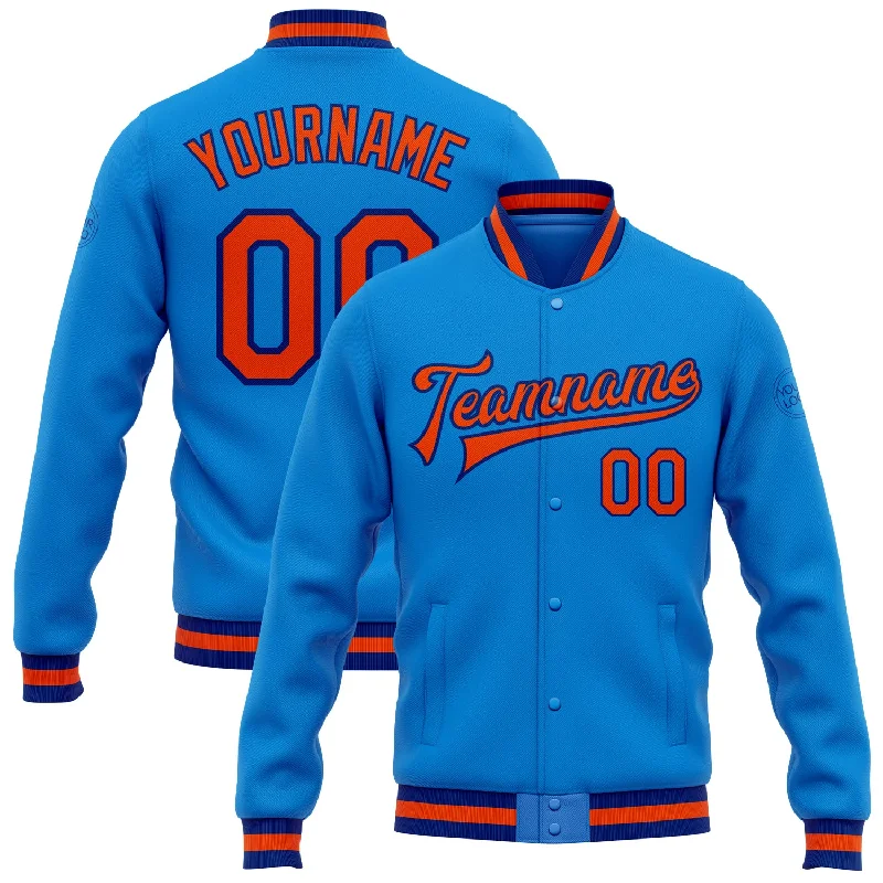 Lightweight And Breathable Unisex Wear Special Offers, Don't Miss Custom Powder Blue Orange-Royal Bomber Full-Snap Varsity Letterman Jacket