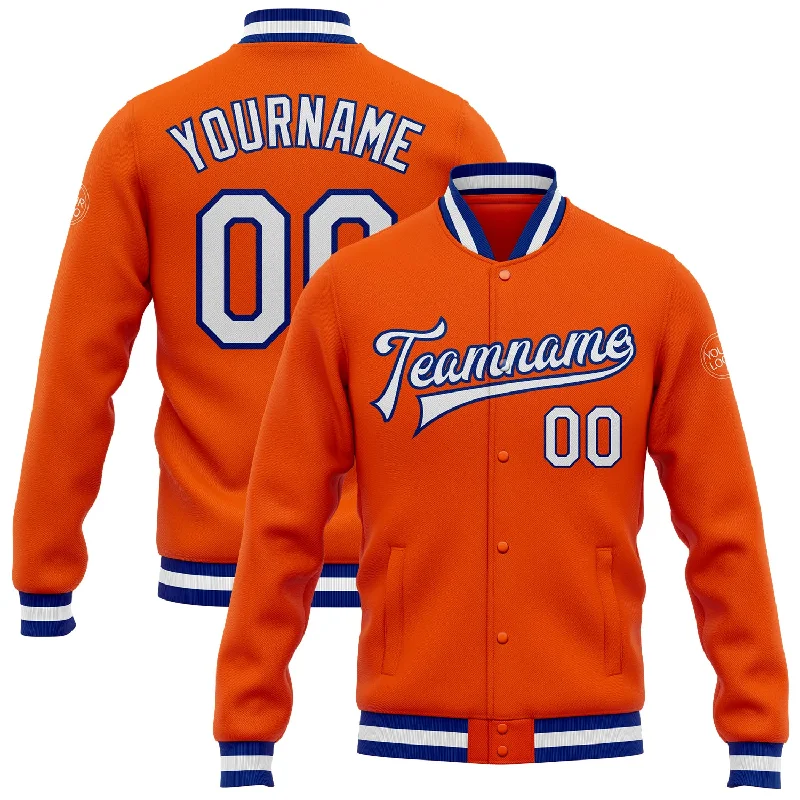 Sleek And Comfortable Unisex Wear Bold Style Discounts Custom Orange White-Royal Bomber Full-Snap Varsity Letterman Jacket